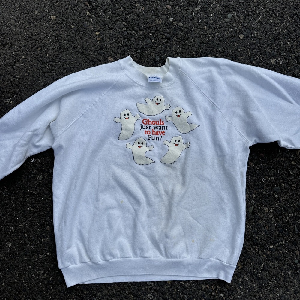 Vintage Tee Jays Made In USA 1986 Single Stitch Halloween Ghoul‎ Crewneck White